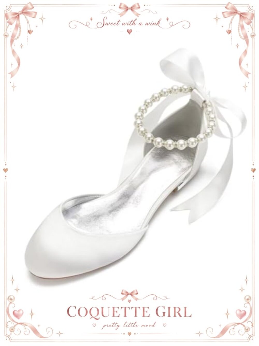 Satin Pearl Round Toe Flats Wedding Shoes Ribbon Tie